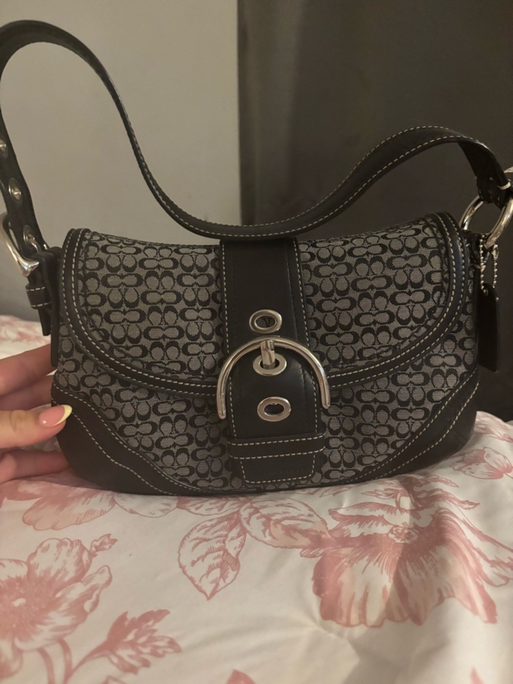 Coach Black and Gray Signature Hobo Shoulder Bag